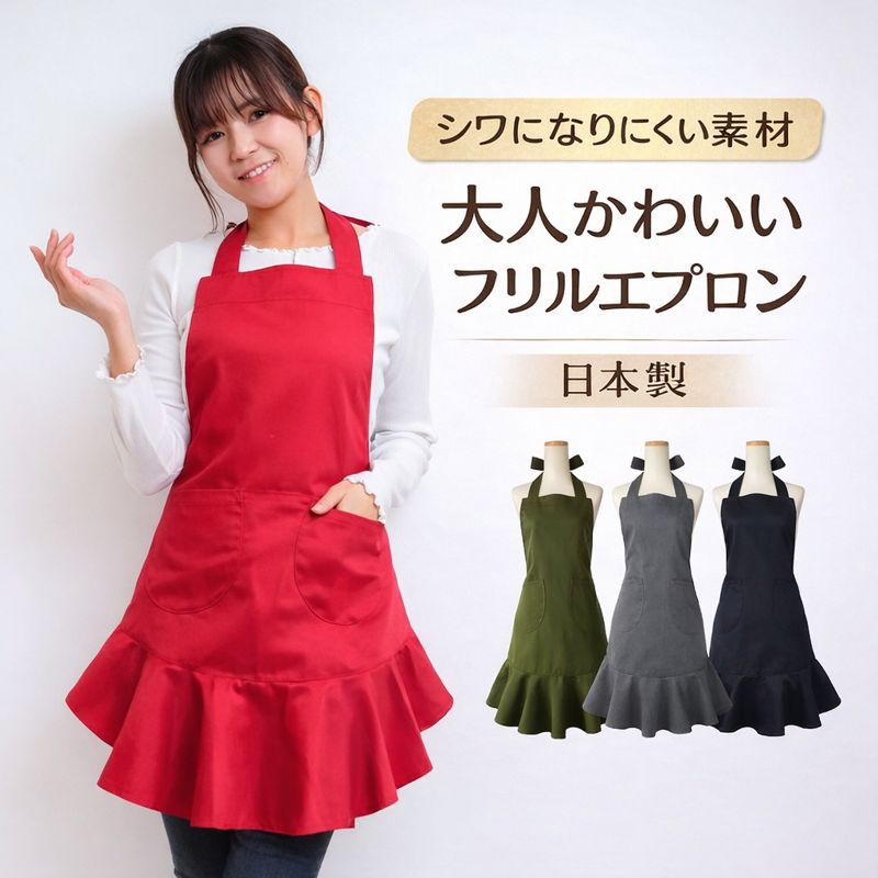 日本製 フリルエプロン｜大人かわいい無地エプロン