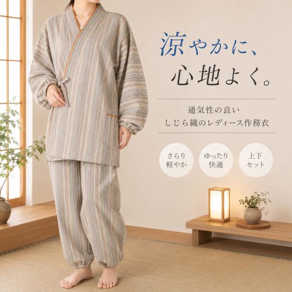 作務衣 しじら レディース コットン かわいい 日本製  涼しい 女性 セットアップ レディース