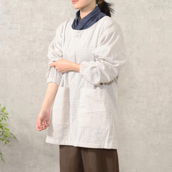 割烹着 おしゃれ レディース ギンガムチェック 軽い 長袖 薄手 大きめポケット