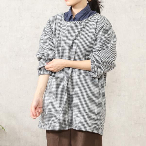 割烹着 おしゃれ レディース ギンガムチェック 軽い 長袖 薄手 大きめポケット